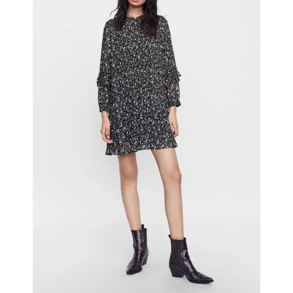 Zara Basic Black & White Floral Pleated Mini Dress Long Sleeves XS - Picture 15 of 15